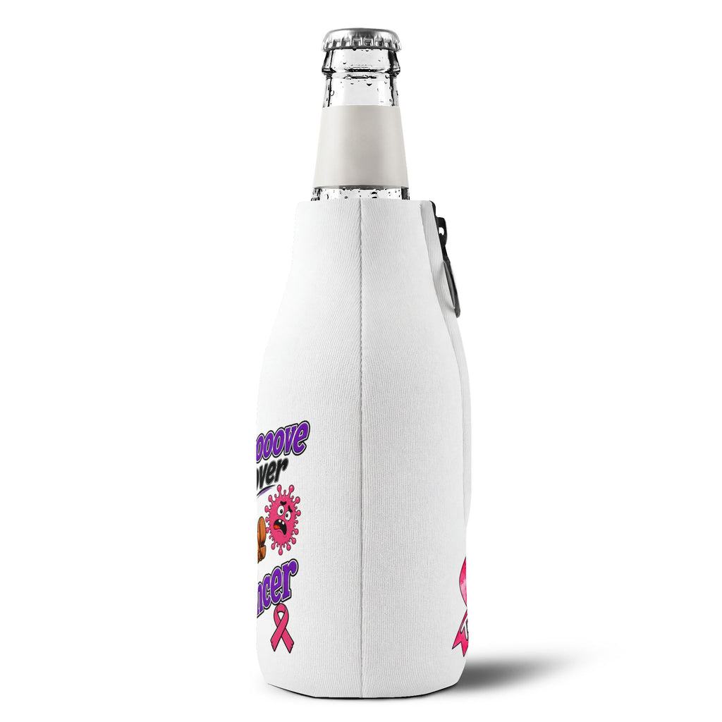 Opposite side of Moooove Over Cancer bottle cooler sleeve with partial artwork and Breast Cancer awareness ribbon