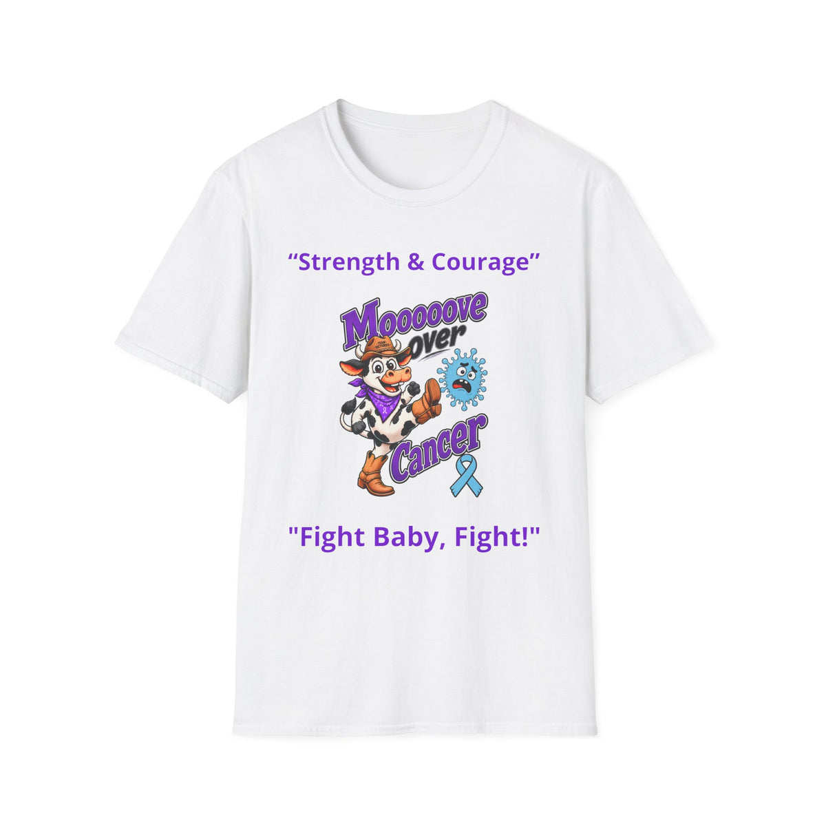Moooove Over Cancer T-shirt in white with Strength & Courage design and Prostate Cancer awareness ribbon
