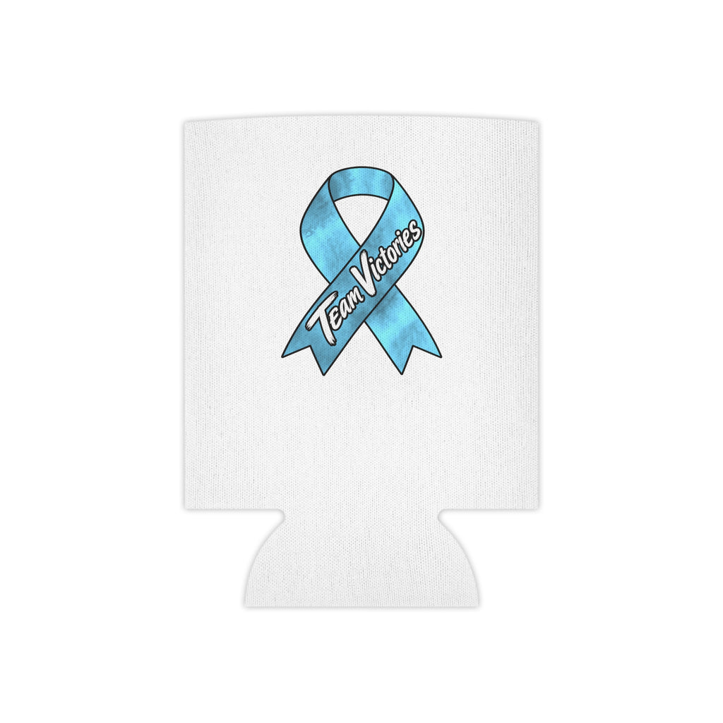 Team Victories blue ribbon design printed on a white Moooove Over Cancer can cooler