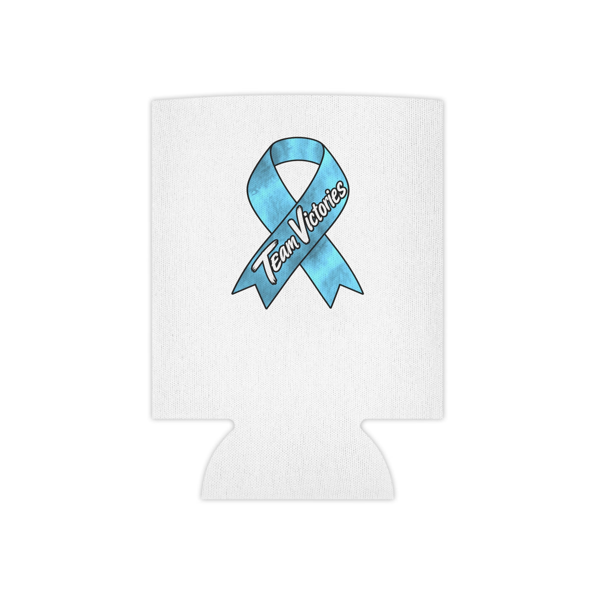 Team Victories blue ribbon design printed on a white Moooove Over Cancer can cooler