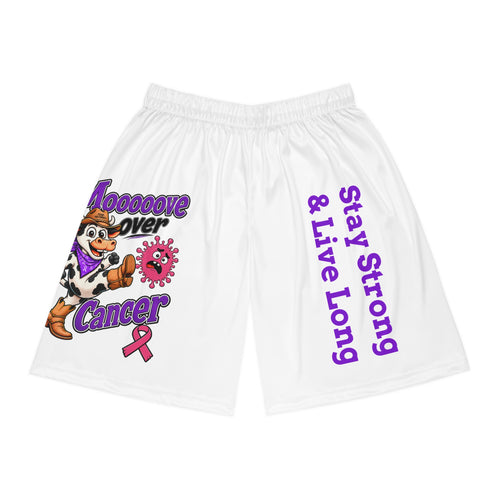 Moooove Over Cancer basketball shorts with cow artwork, pink ribbon, and Stay Strong & Live Long lettering