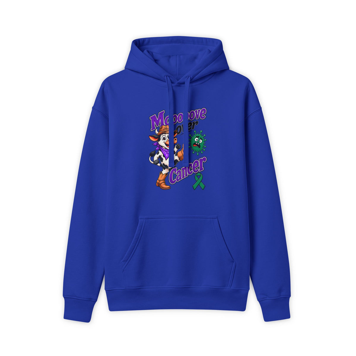 Moooove Over Cancer hoodie with green Liver Cancer awareness ribbon, front view in blue