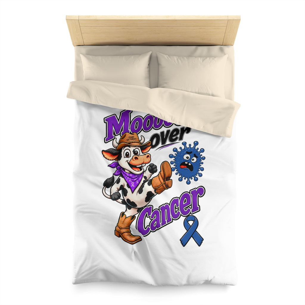 Moooove Over Cancer bedding styled in a bedroom with colorful cow artwork