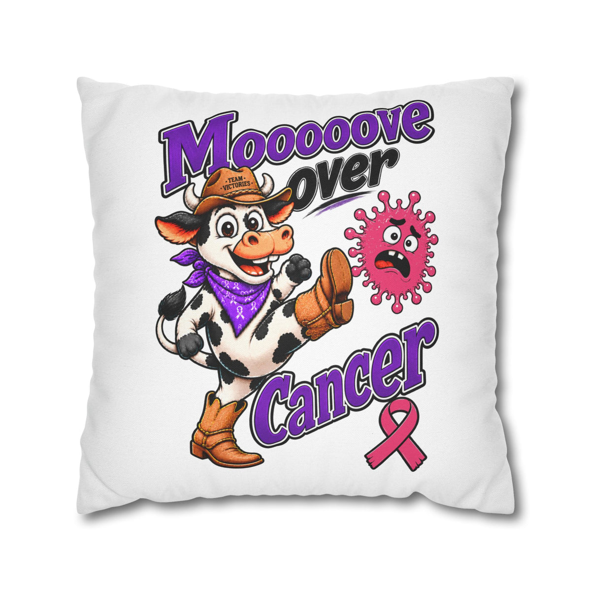 White Moooove Over Cancer pillowcase with Western cow design and Breast Cancer awareness ribbon