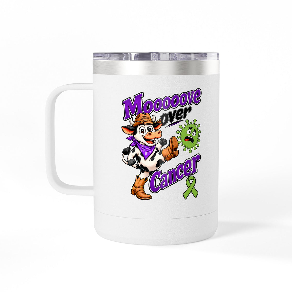 White Moooove Over Cancer insulated mug with Non-Hodgkin/Lymphoma Cancer awareness ribbon