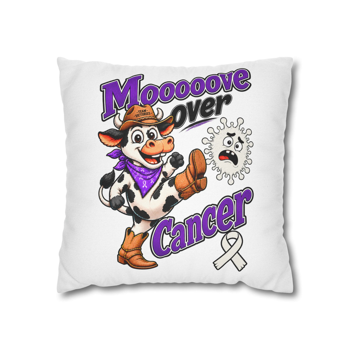 Moooove Over Cancer cow pillow cover featuring a Lung Cancer awareness ribbon