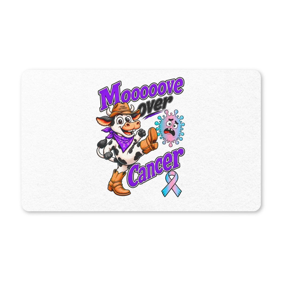 Moooove Over Cancer cowgirl cow artwork with colorful awareness ribbon on a polyester doormat