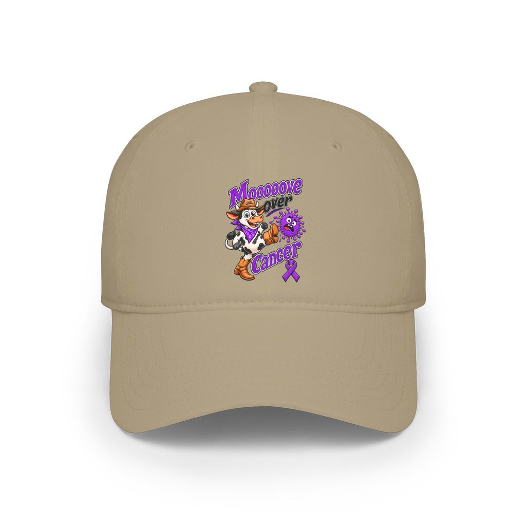 Tan Moooove Over Cancer low-profile baseball hat with colorful awareness ribbon artwork