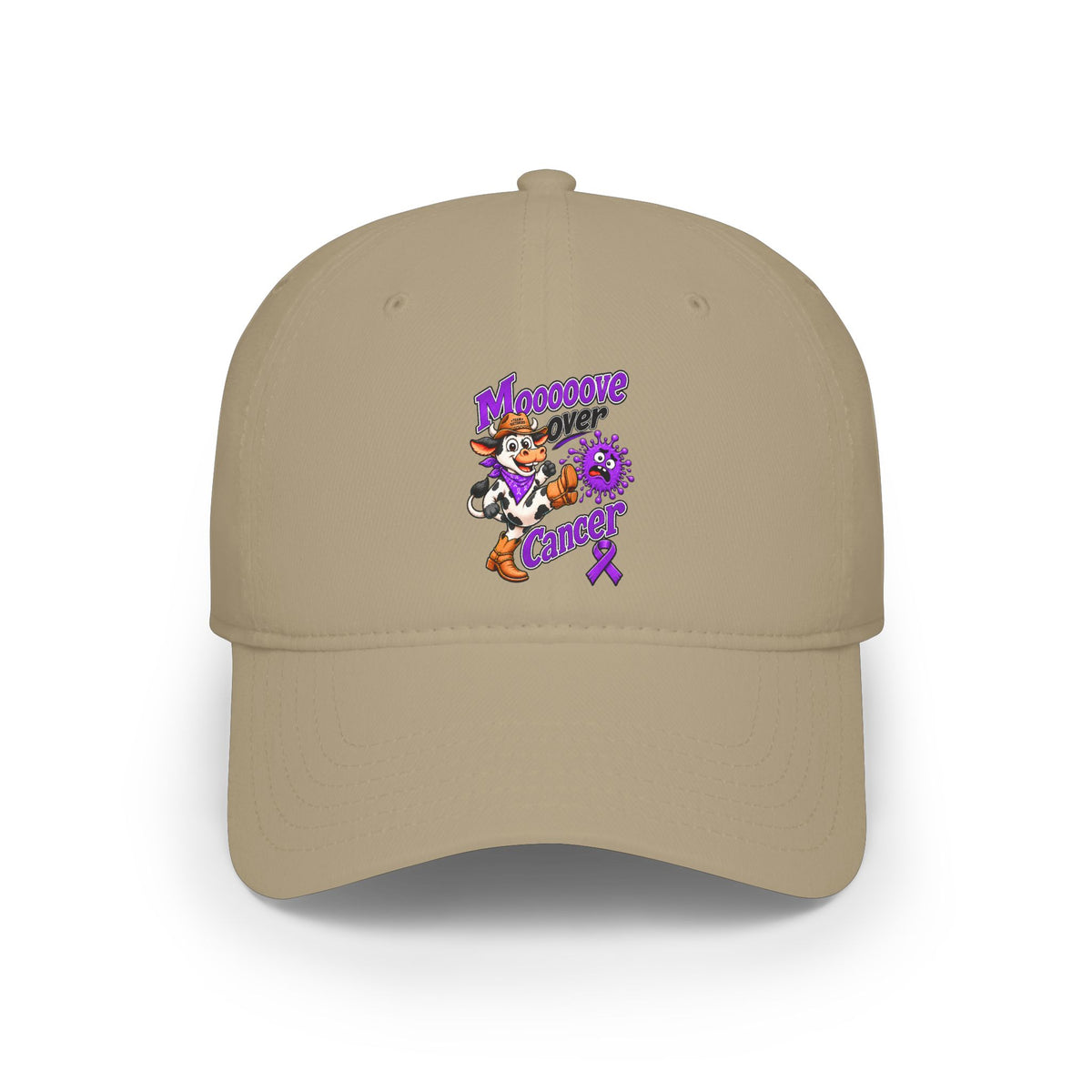 Tan Moooove Over Cancer low-profile baseball hat with colorful awareness ribbon artwork