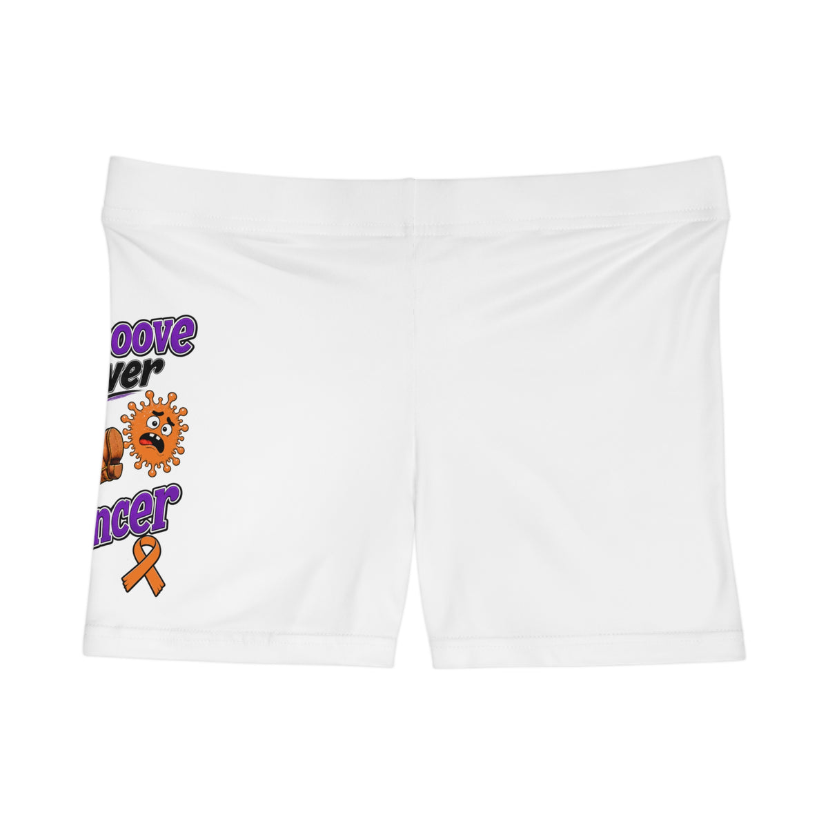 Moooove Over Cancer white women's shorts with cow artwork and orange ribbon on the side