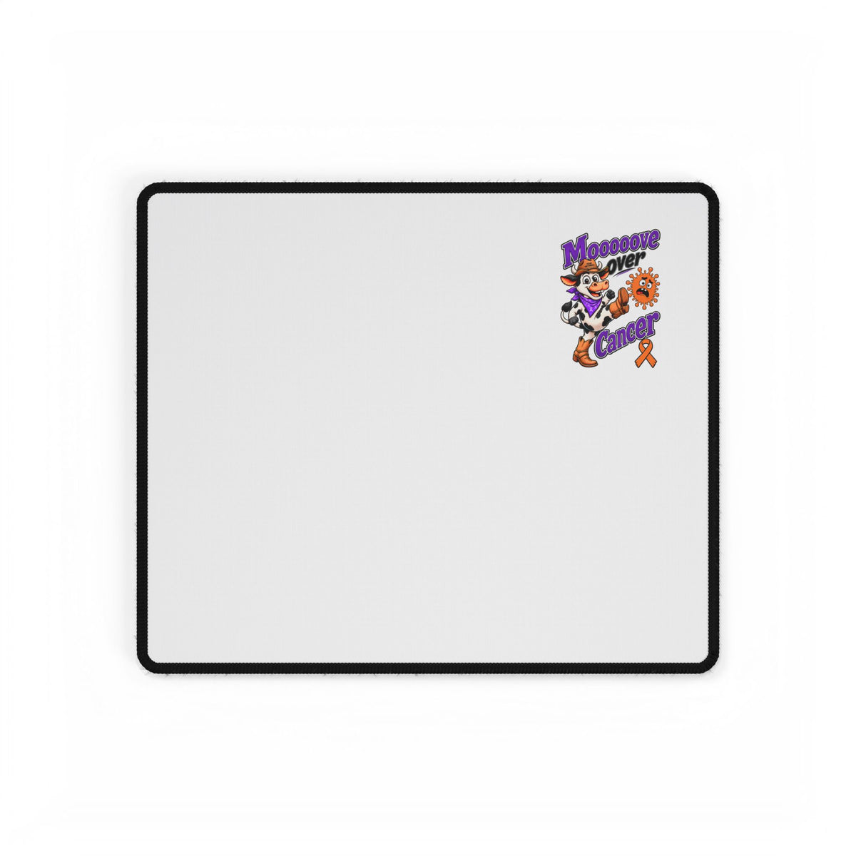Moooove Over Cancer desk mat with colorful artwork and Leukemia/Kidney Cancer awareness ribbon