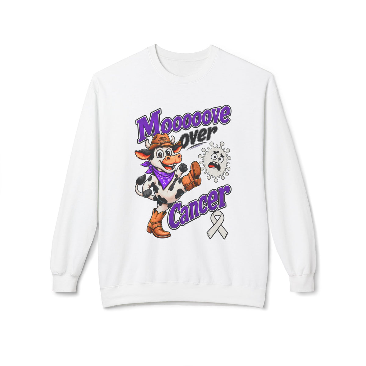 Moooove Over Cancer sweatshirt with western cow graphic and Lung Cancer awareness ribbon