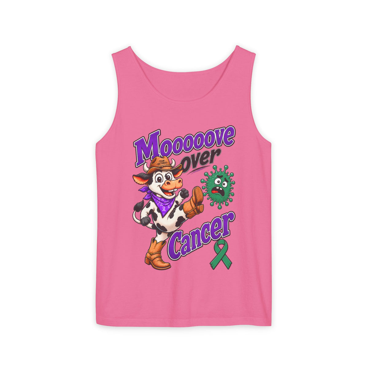 Pink Moooove Over Cancer tank top featuring a cow and Liver Cancer awareness ribbon