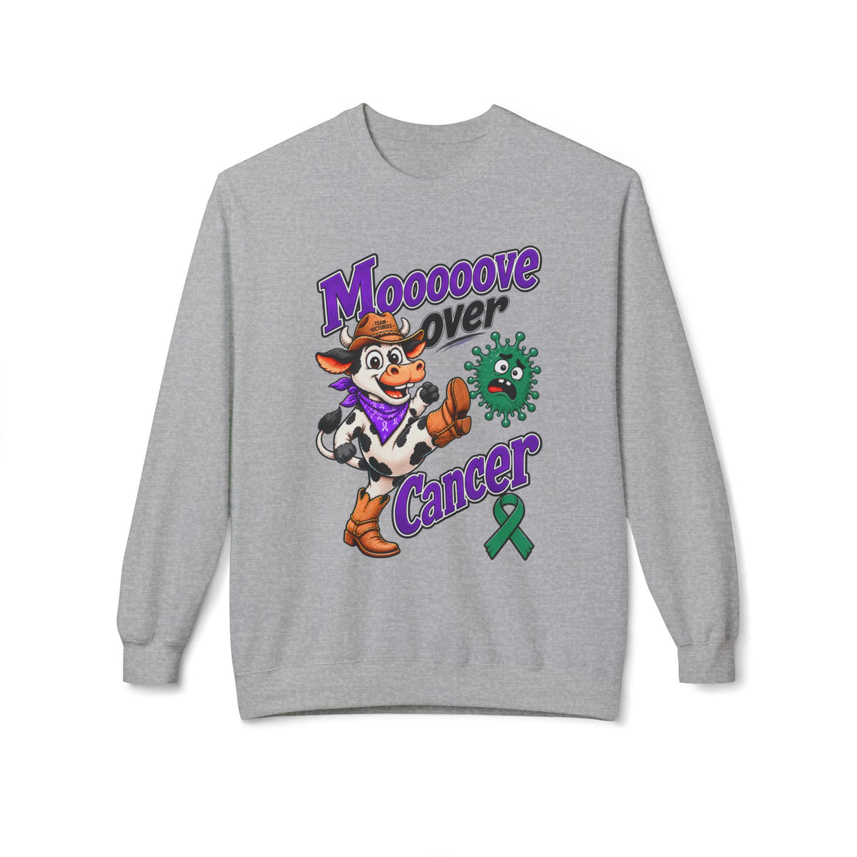 Back view of Moooove Over Cancer crewneck sweatshirt