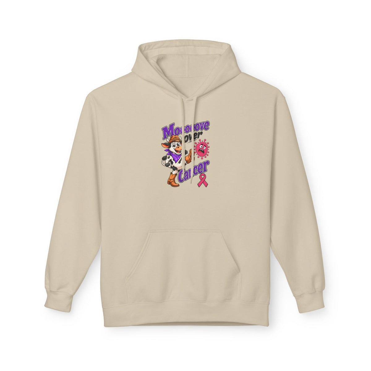 Beige Moooove Over Cancer hoodie with cow artwork and Breast Cancer awareness ribbon
