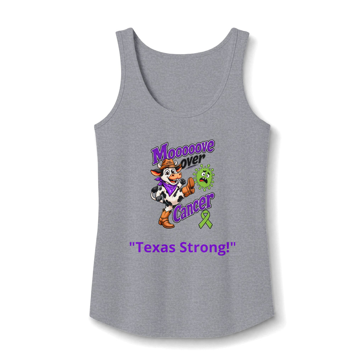 Gray Moooove Over Cancer Texas Strong tank top with Non-Hodgkin/Lymphoma Cancer awareness ribbon