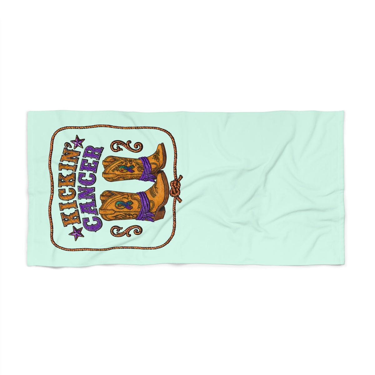 Flat mint Kickin' Cancer beach towel on a white background with boot artwork