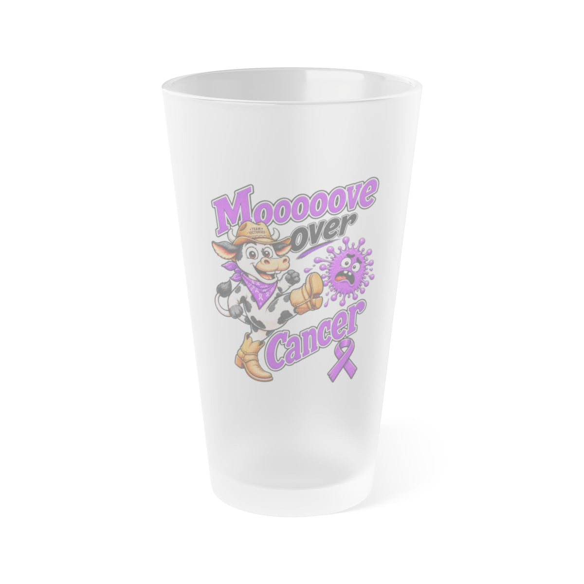Moooove Over Cancer frosted pint glass with colorful cow, western artwork, and purple ribbon