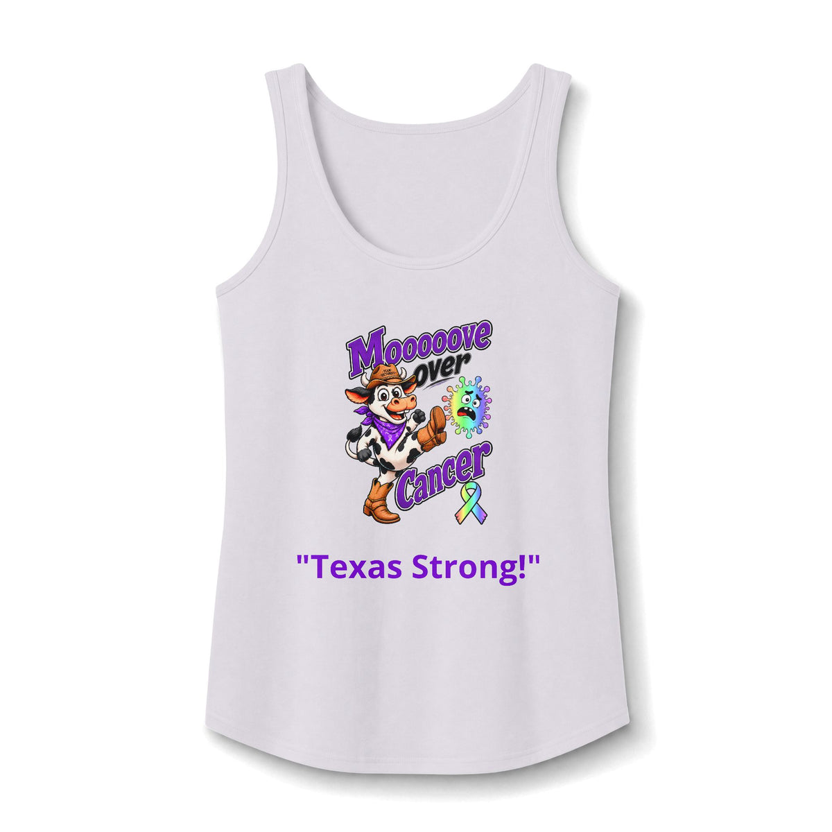 Moooove Over Cancer Texas Strong tank top with all-cancer awareness ribbon on white