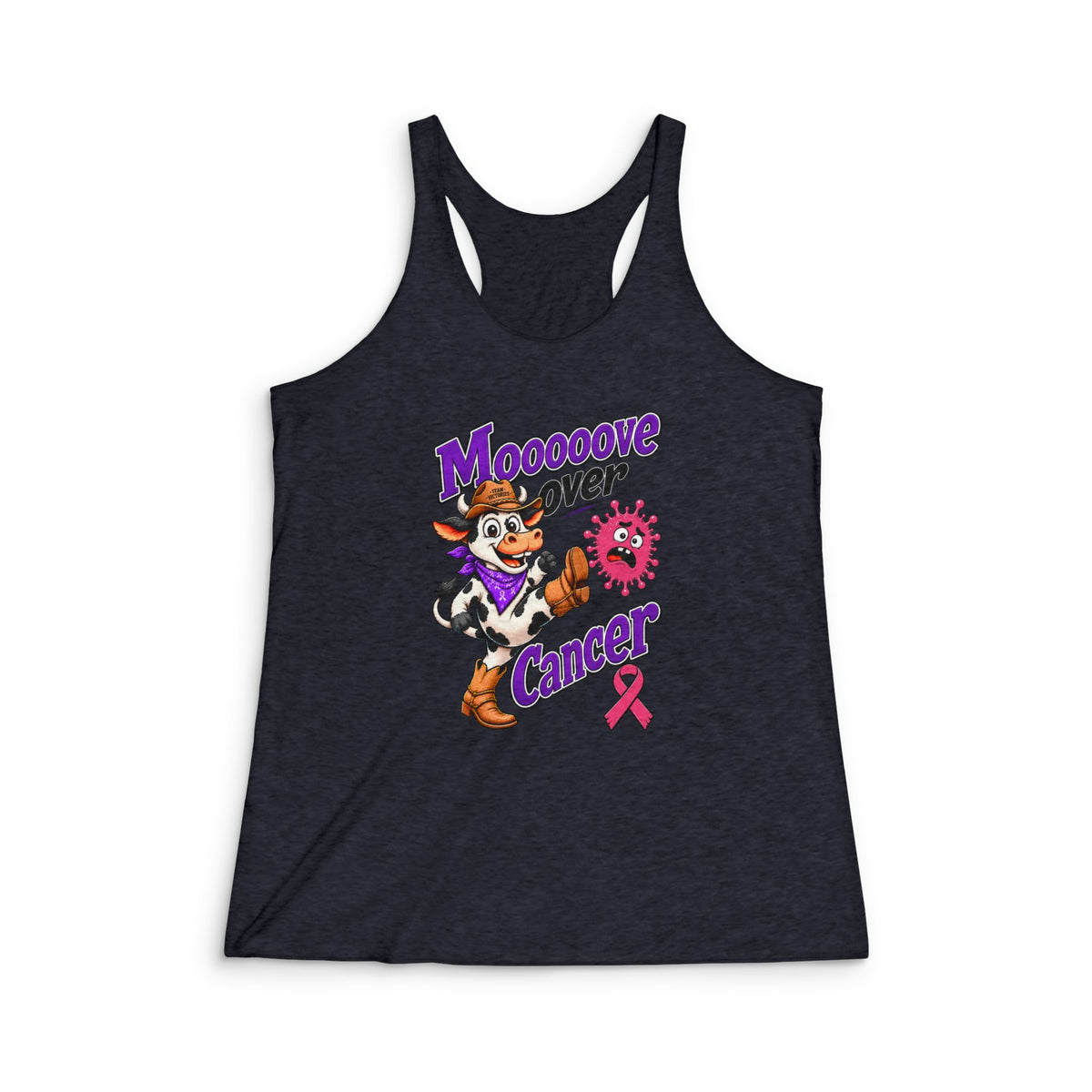 Moooove Over Cancer black racerback tank with cartoon cow and Breast Cancer awareness ribbon