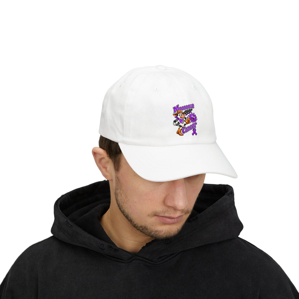 Model wearing a white Moooove Over Cancer cap with Pancreatic Cancer awareness ribbon