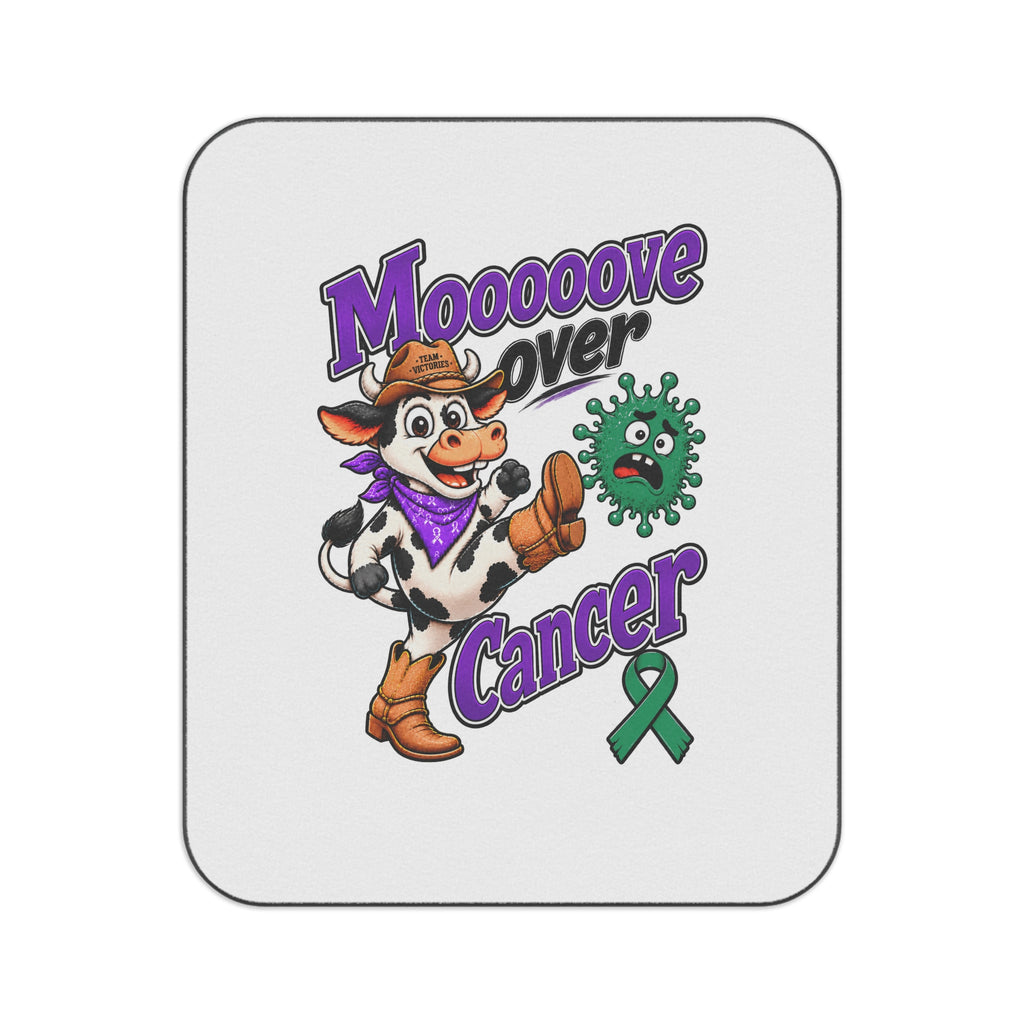 Moooove Over Cancer blanket artwork with a colorful cow, green awareness ribbon, and playful cancer support design