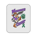 Moooove Over Cancer blanket artwork with a colorful cow, green awareness ribbon, and playful cancer support design