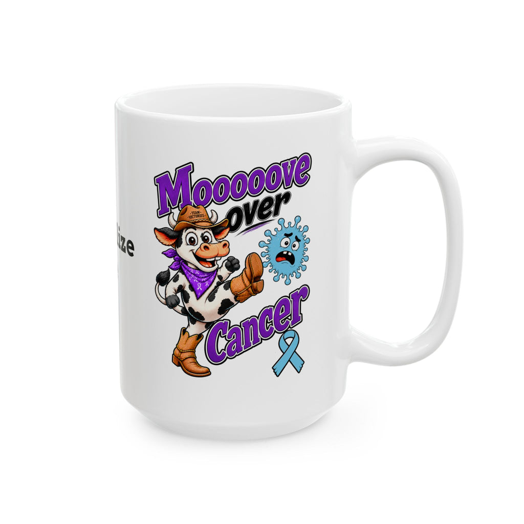 Front view of Moooove Over Cancer mug with cow artwork and awareness ribbon