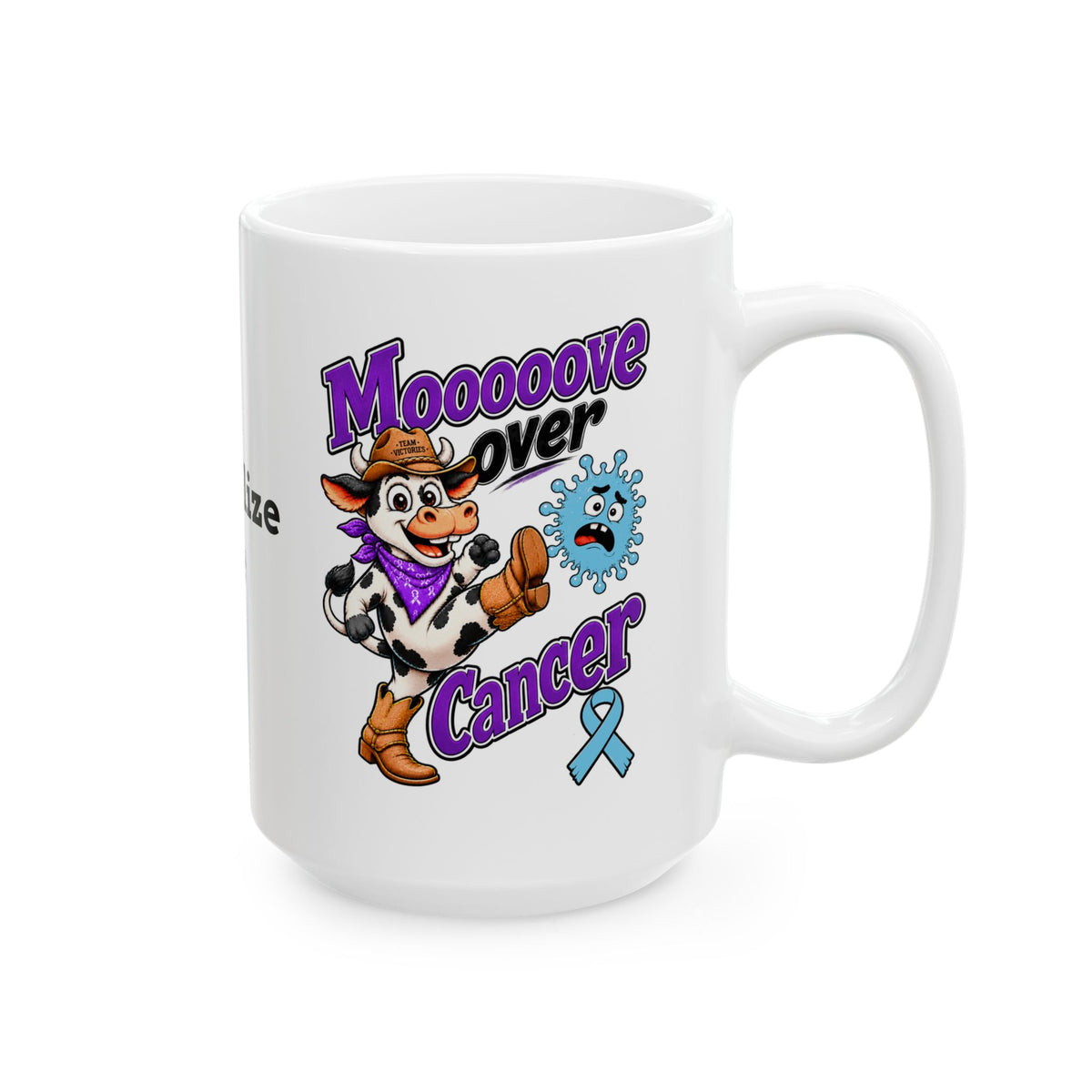 Front view of Moooove Over Cancer mug with cow artwork and awareness ribbon
