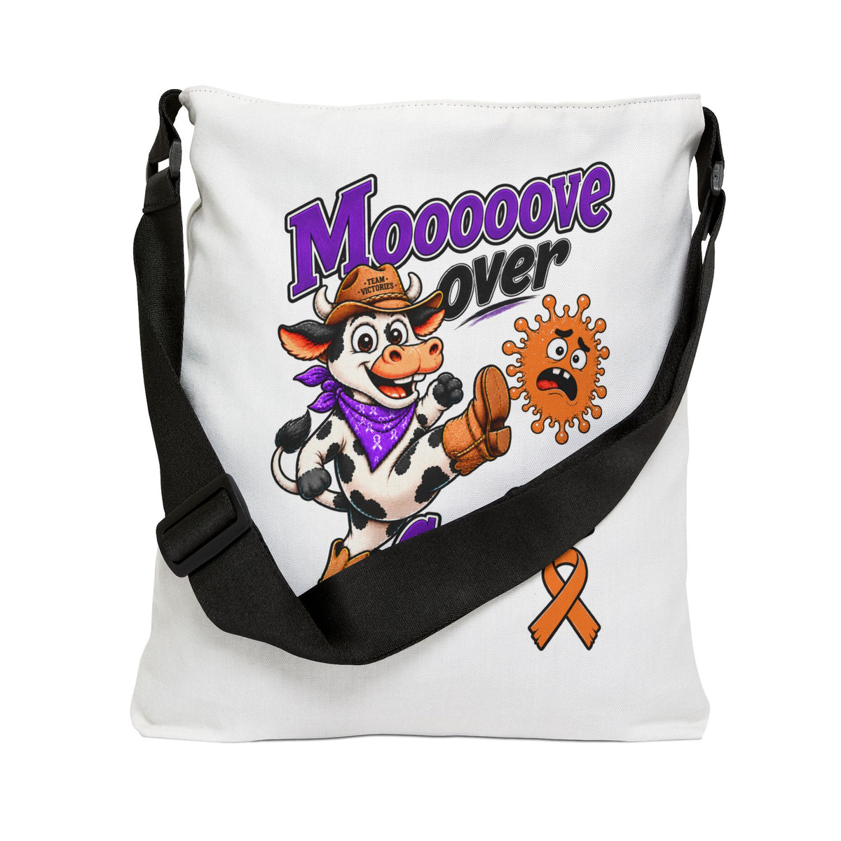 White Moooove Over Cancer tote with black strap and colorful cow design