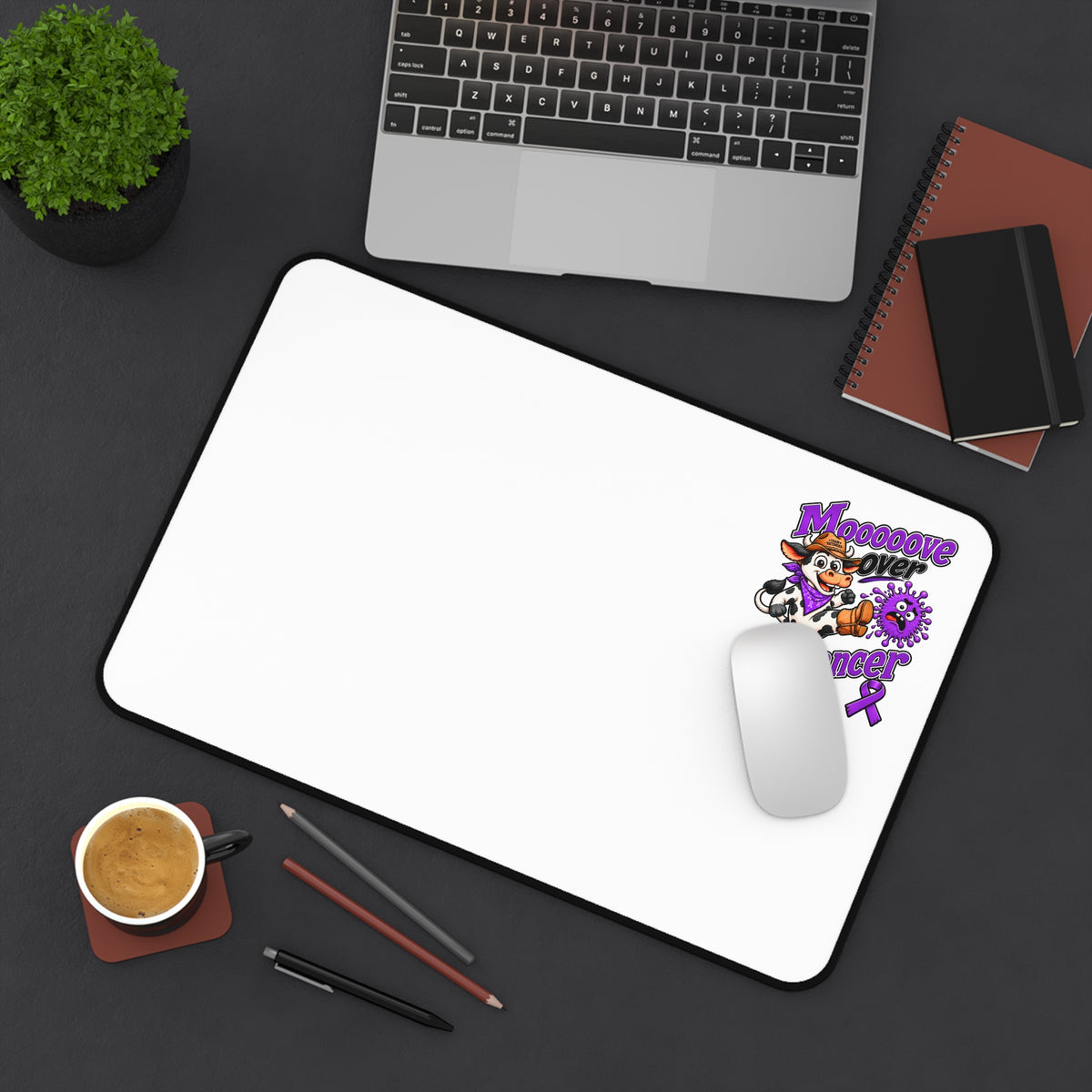 Moooove Over Cancer Pancreatic Cancer awareness ribbon desk mat in a workspace scene