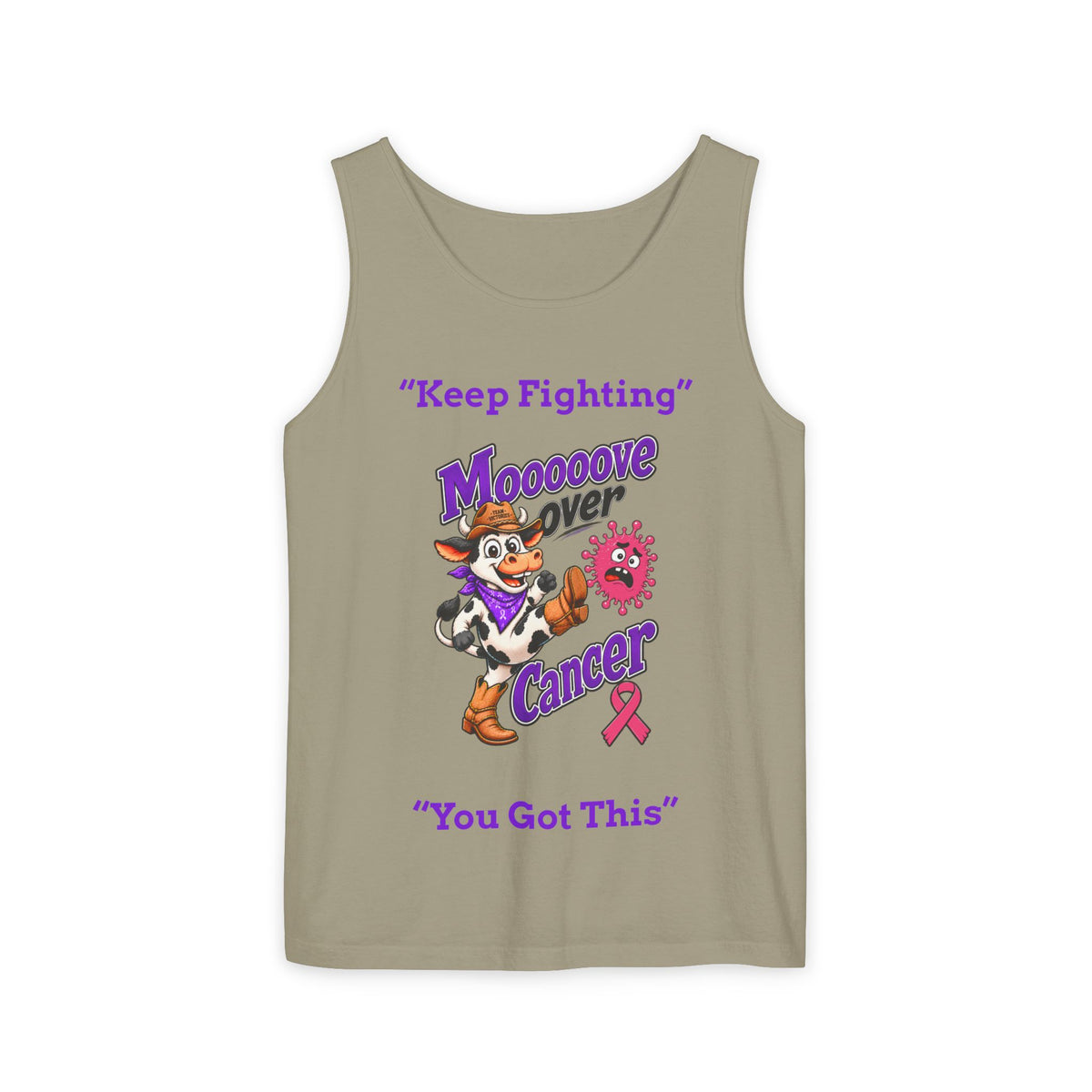 Olive Moooove Over Cancer tank top with Keep Fighting and Breast Cancer awareness ribbon
