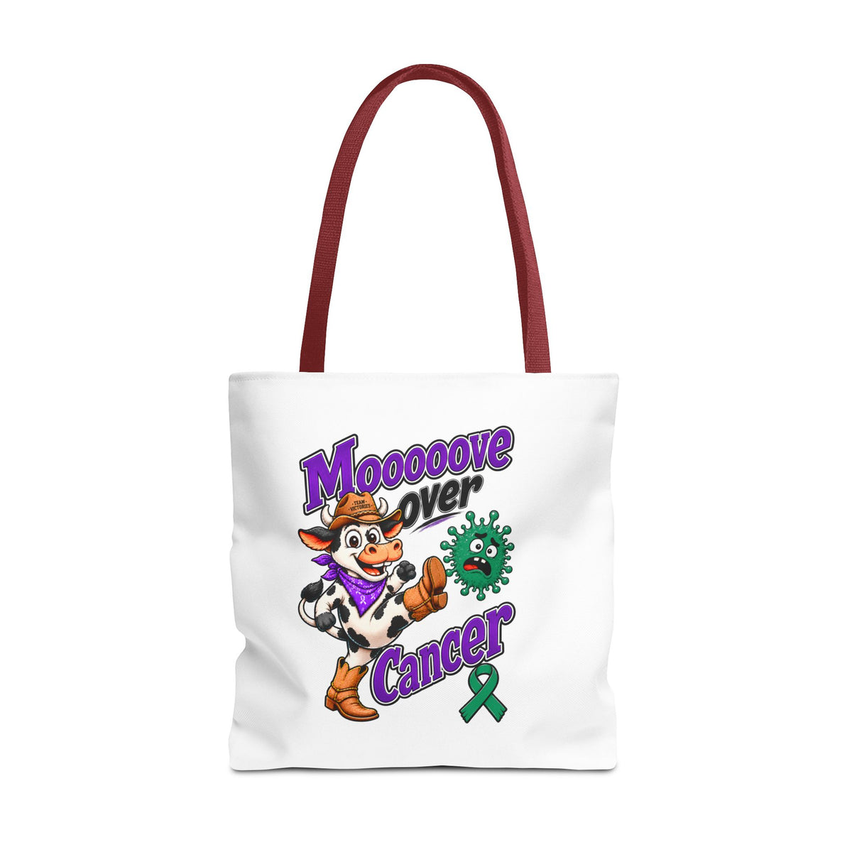 Close front view of Moooove Over Cancer tote featuring Team Victories artwork