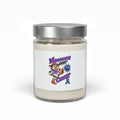 Moooove Over Cancer 9 oz soy candle in a glass jar with a Colon Cancer awareness ribbon label