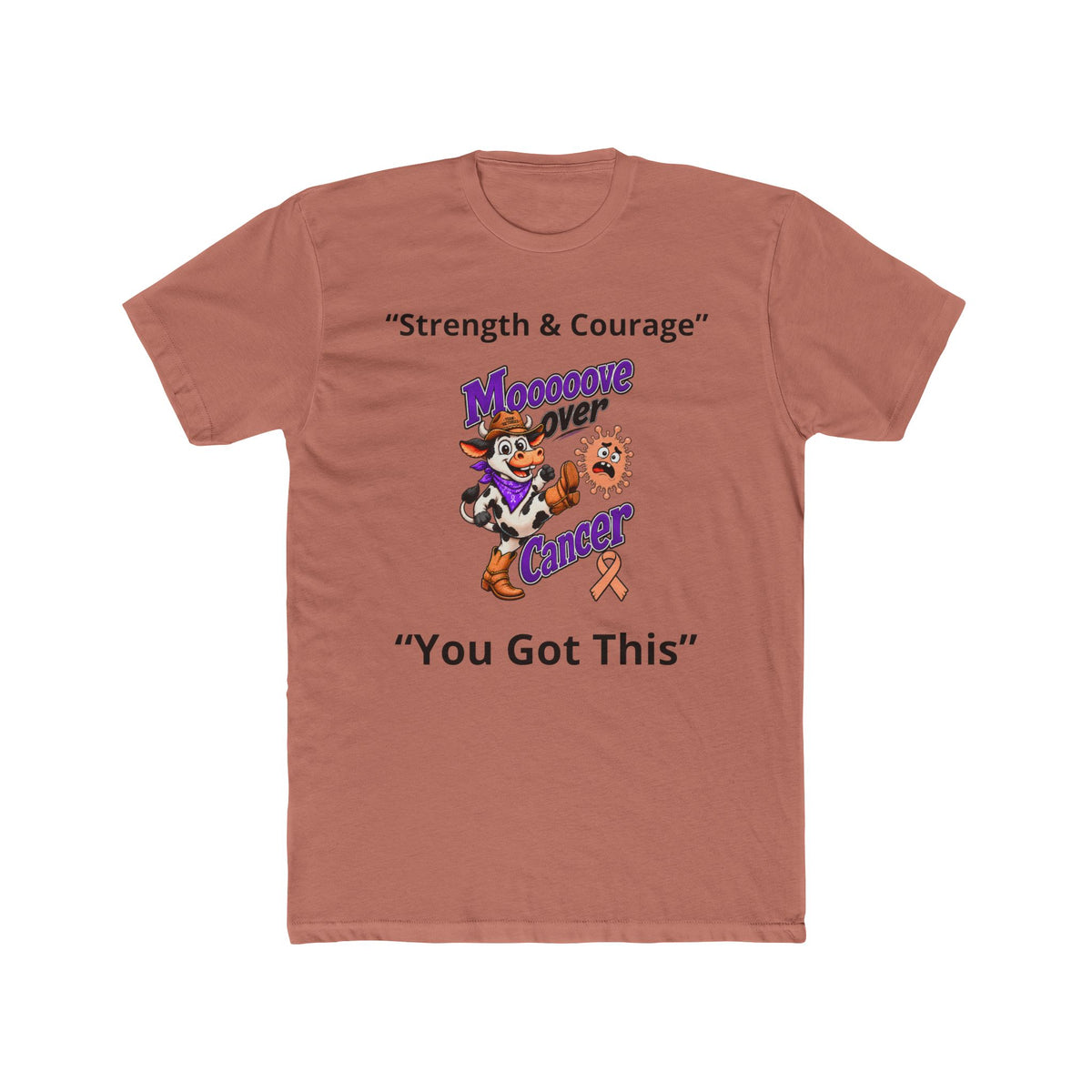 Terracotta Moooove Over Cancer T-shirt featuring a Uterine Cancer awareness ribbon