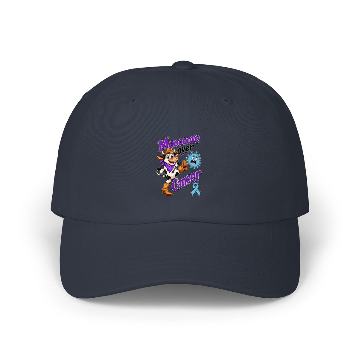 Camouflage Moooove Over Cancer dad cap with Prostate Cancer awareness ribbon artwork