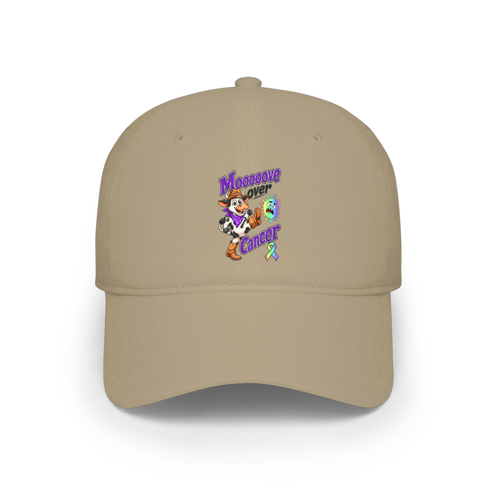 Khaki Moooove Over Cancer low-profile baseball hat with colorful front design