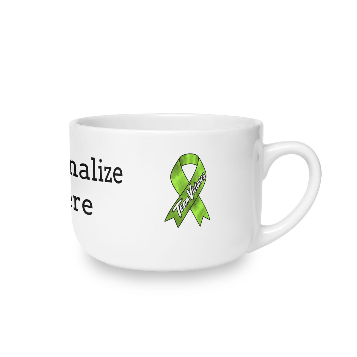 Side view of Moooove Over Cancer latte mug with a Non-Hodgkin/Lymphoma Cancer awareness ribbon