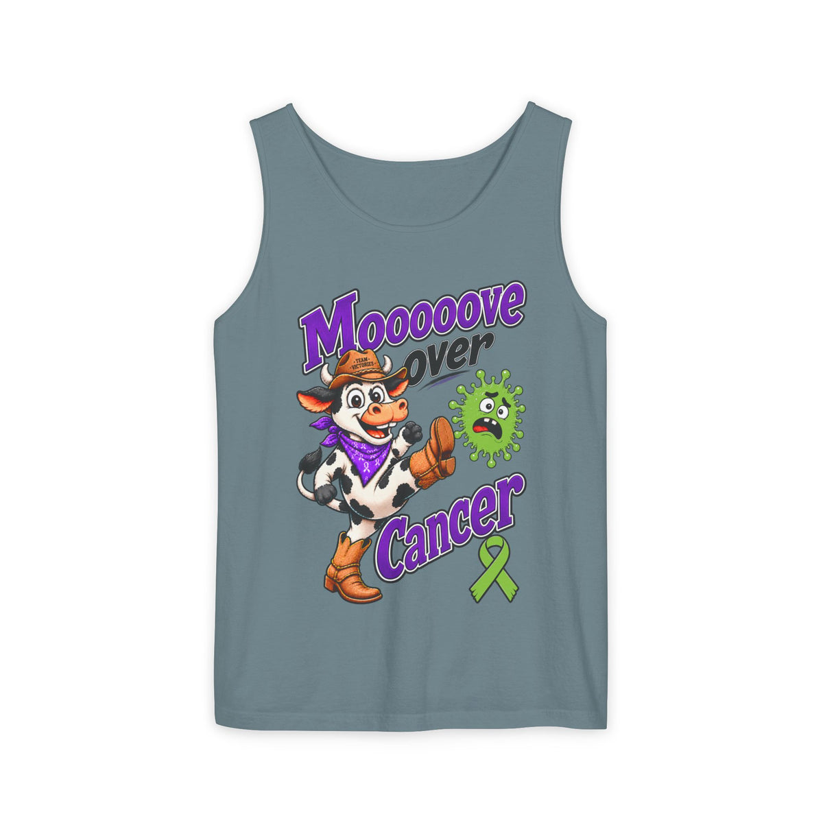 Moooove Over Cancer tank top with cow artwork on black fabric