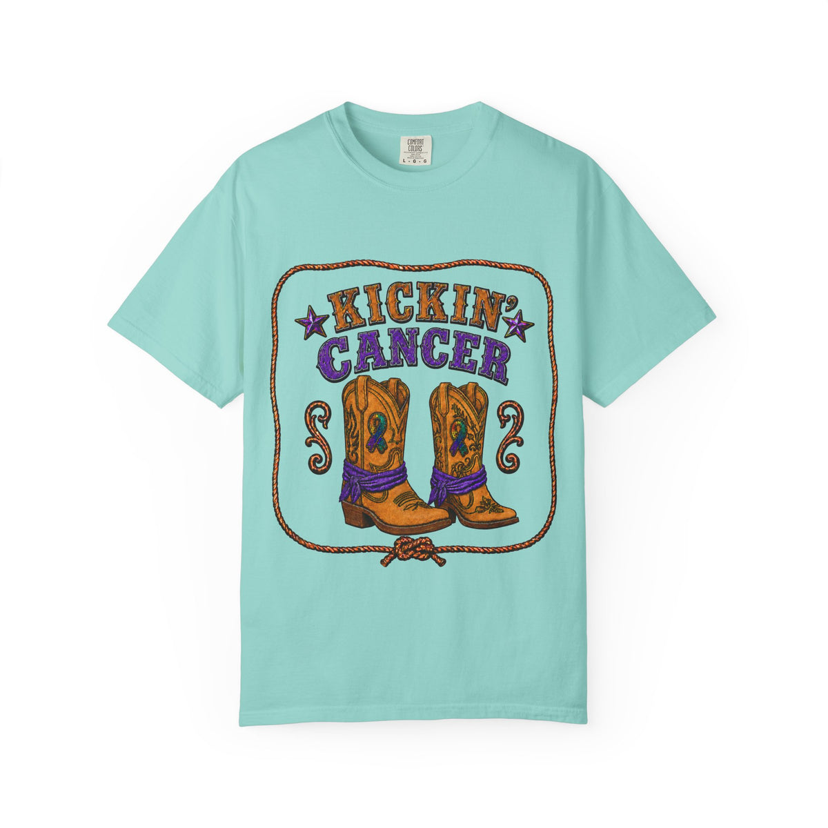 Ice Blue Kickin' Cancer unisex T-shirt with western cowboy boot artwork