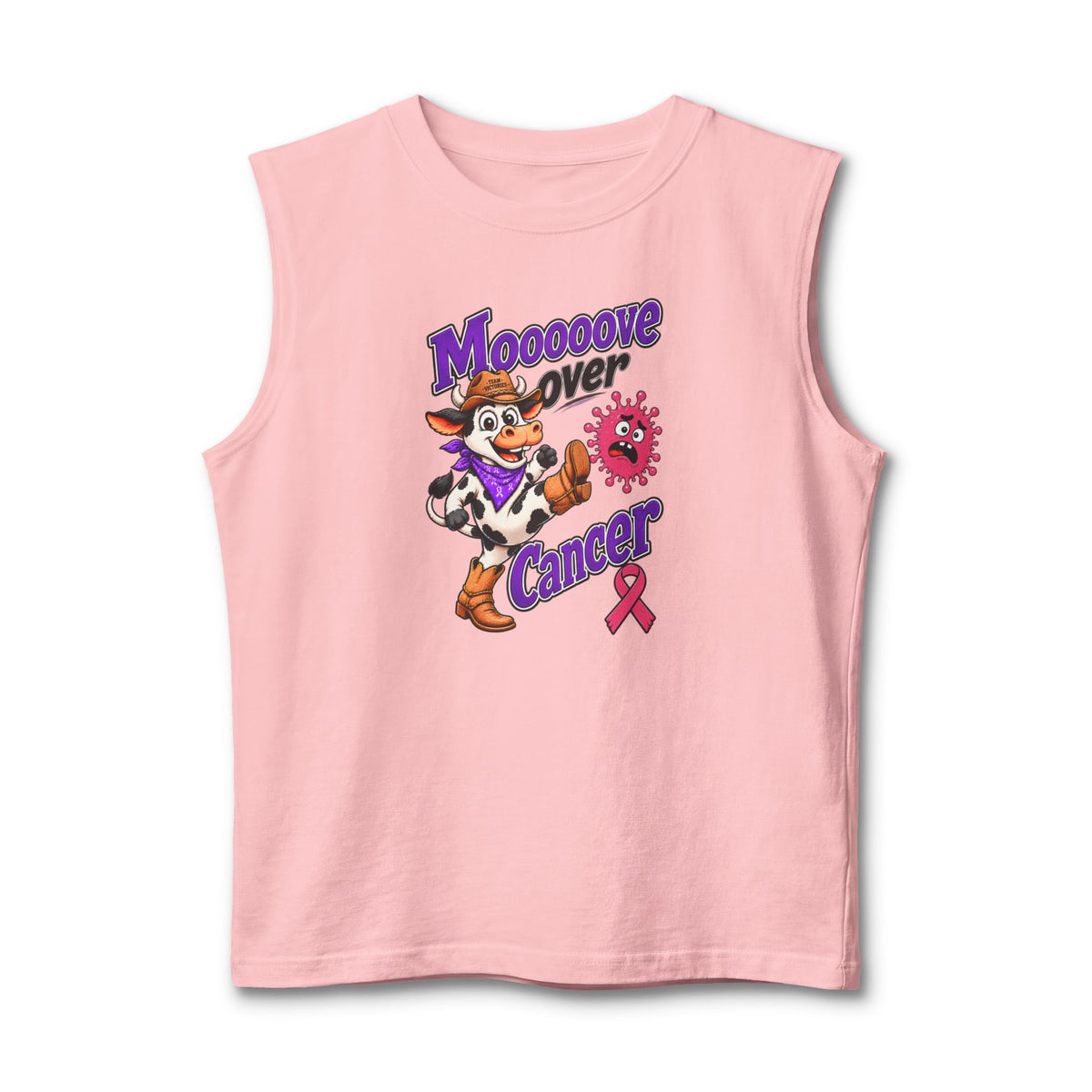 Pink Moooove Over Cancer tank top featuring a Breast Cancer awareness ribbon design