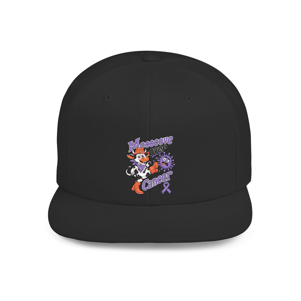 Heather gray and black Moooove Over Cancer hat with Pancreatic Cancer awareness ribbon