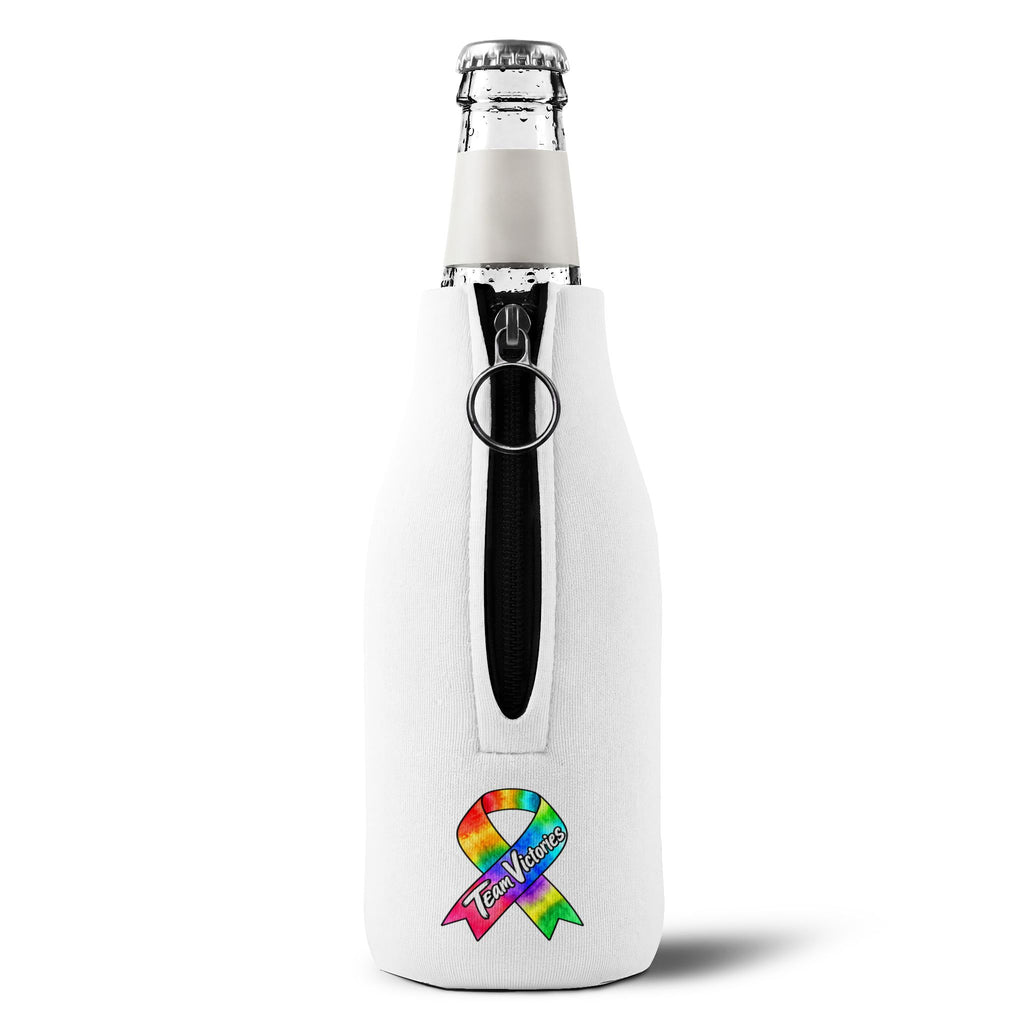 Zipped Moooove Over Cancer bottle cooler sleeve with Team Victories all-cancer awareness ribbon