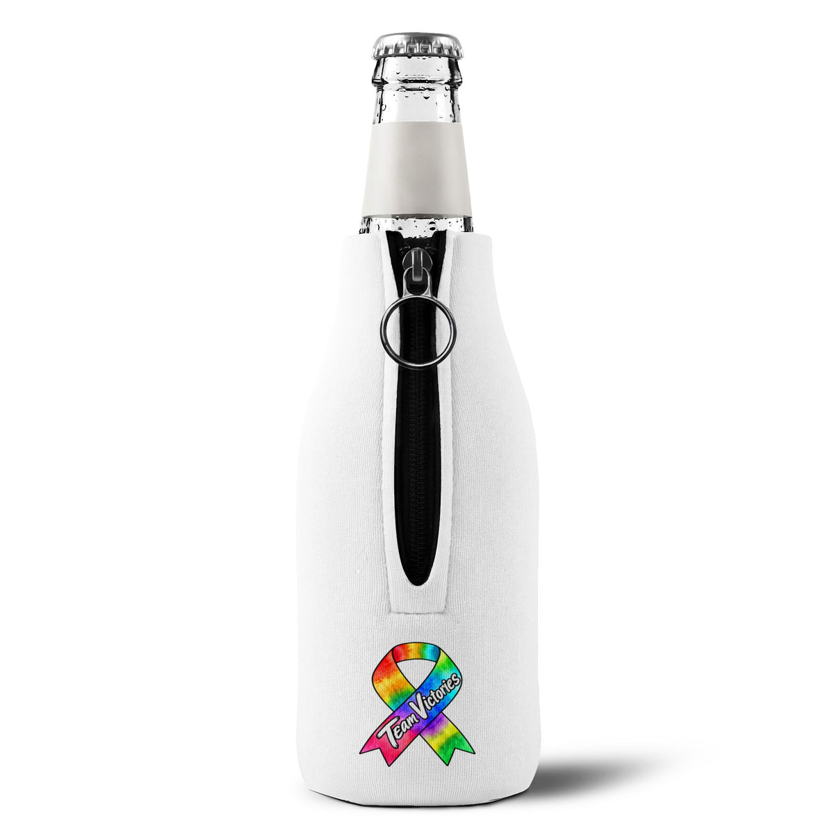 Zipped Moooove Over Cancer bottle cooler sleeve with Team Victories all-cancer awareness ribbon