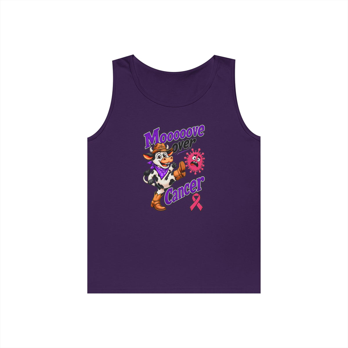 Purple Moooove Over Cancer tank top with western character and Breast Cancer awareness ribbon