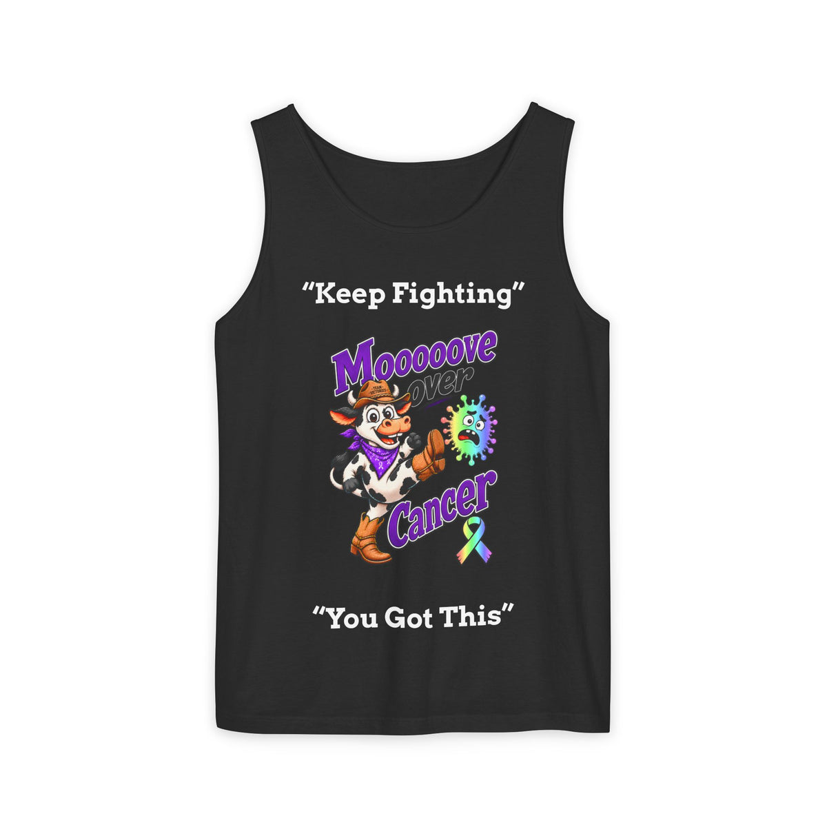 Purple Moooove Over Cancer tank top featuring a character and all-cancer awareness ribbon