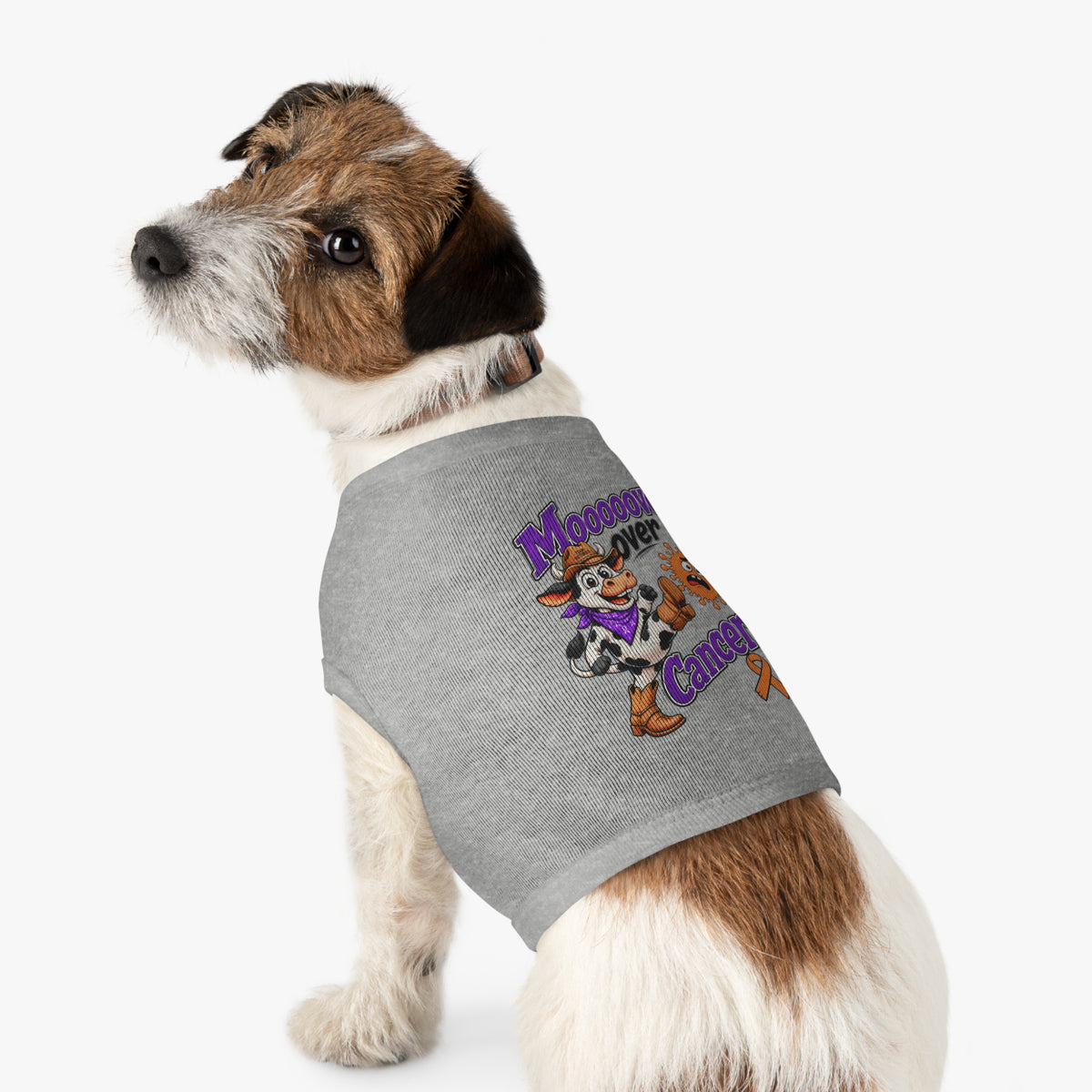 Dog wearing a gray Moooove Over Cancer tank with Leukemia/Kidney Cancer awareness ribbon