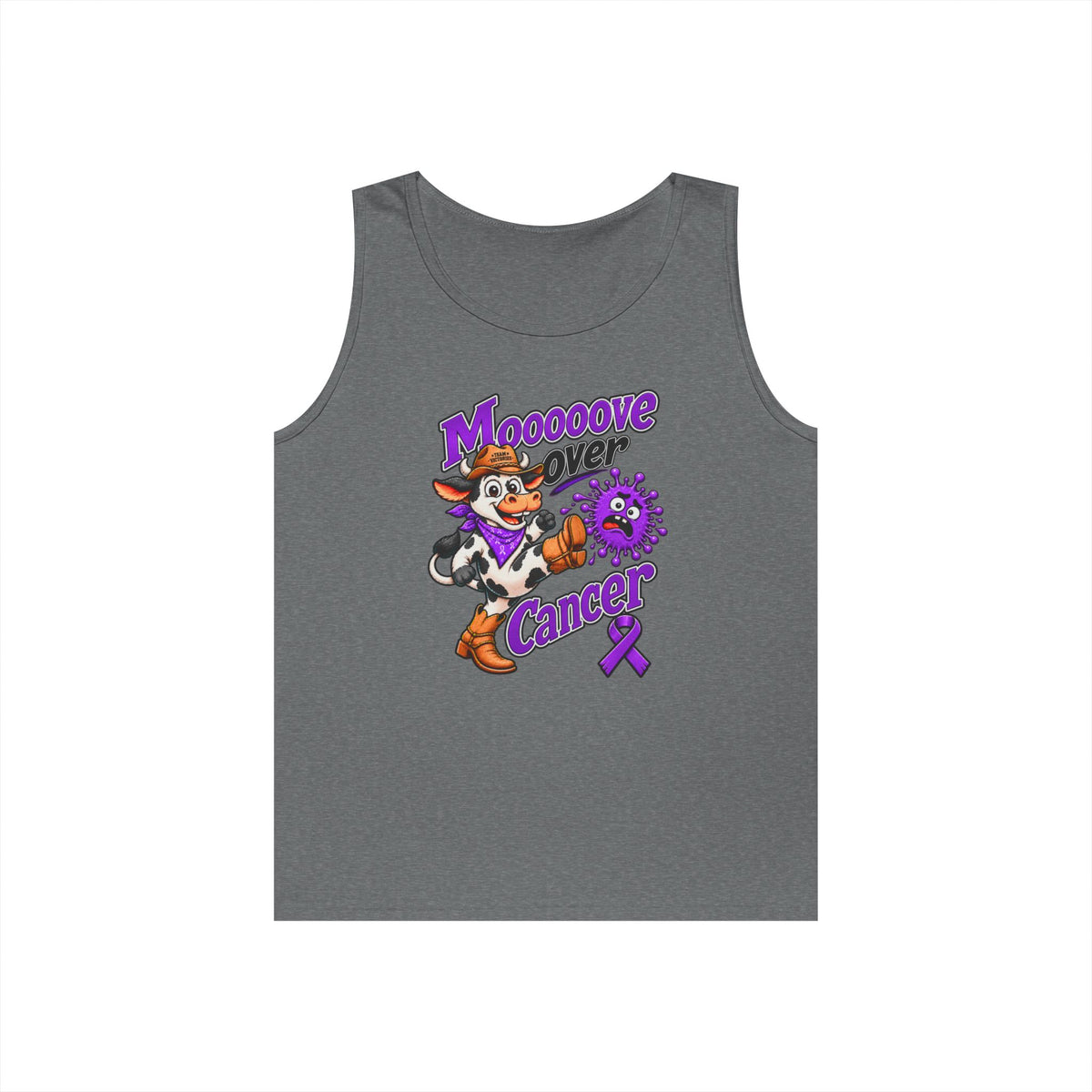 Moooove Over Cancer charcoal tank top with Pancreatic Cancer awareness ribbon artwork