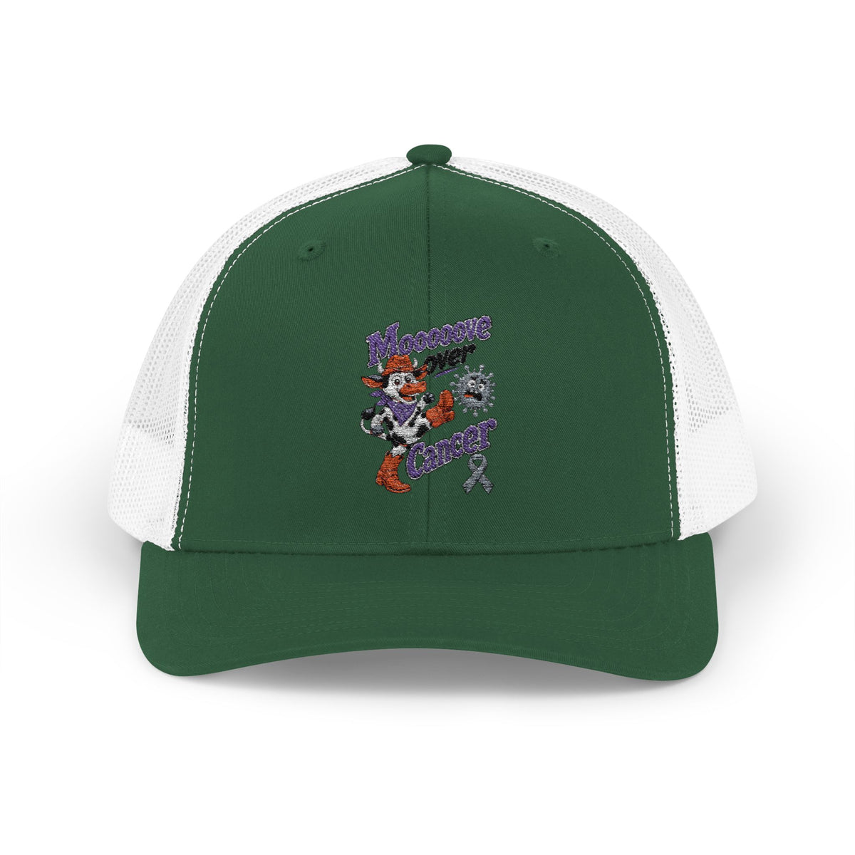 Moooove Over Cancer trucker hat with Thyroid Cancer awareness ribbon artwork, front view