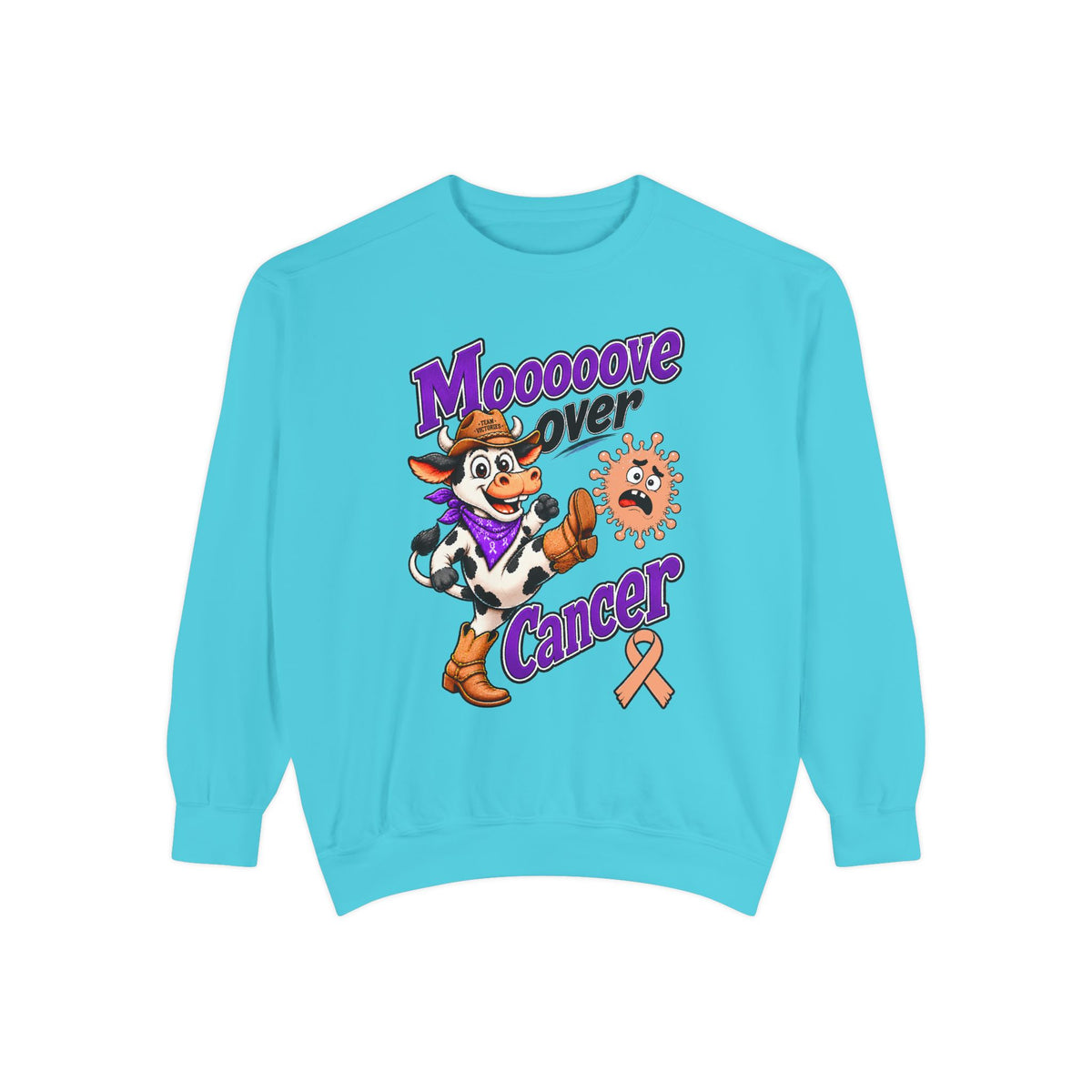 Moooove Over Cancer sweatshirt in bright blue with cowboy cow graphic